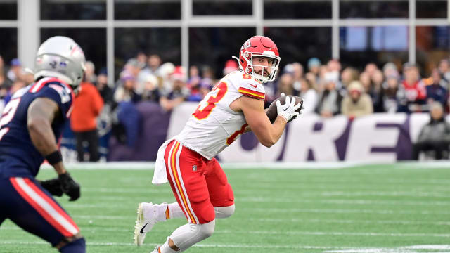 Dec 17, 2023; Foxborough, Massachusetts, USA; Kansas City Chiefs tight end Noah Gray (83) makes a catch during the second half against the New England Patriots at Gillette Stadium. Mandatory Credit: Eric Canha-USA TODAY Sports  